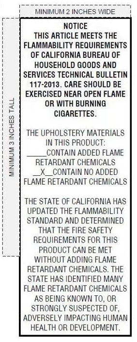 picture of the TB-117-2013 label for upholstered furniture, indicating whether it contains flame retardants