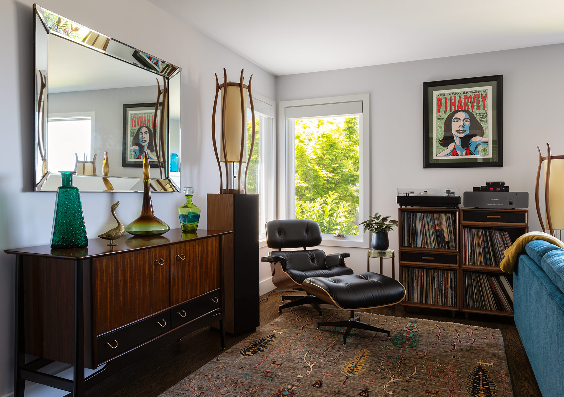 Mid-Century Modern music room with custom walnut cabinet.